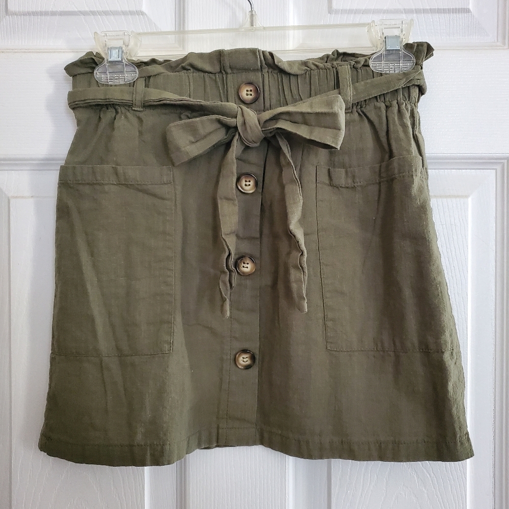 Olive Button-Front Skirt with Tie belt